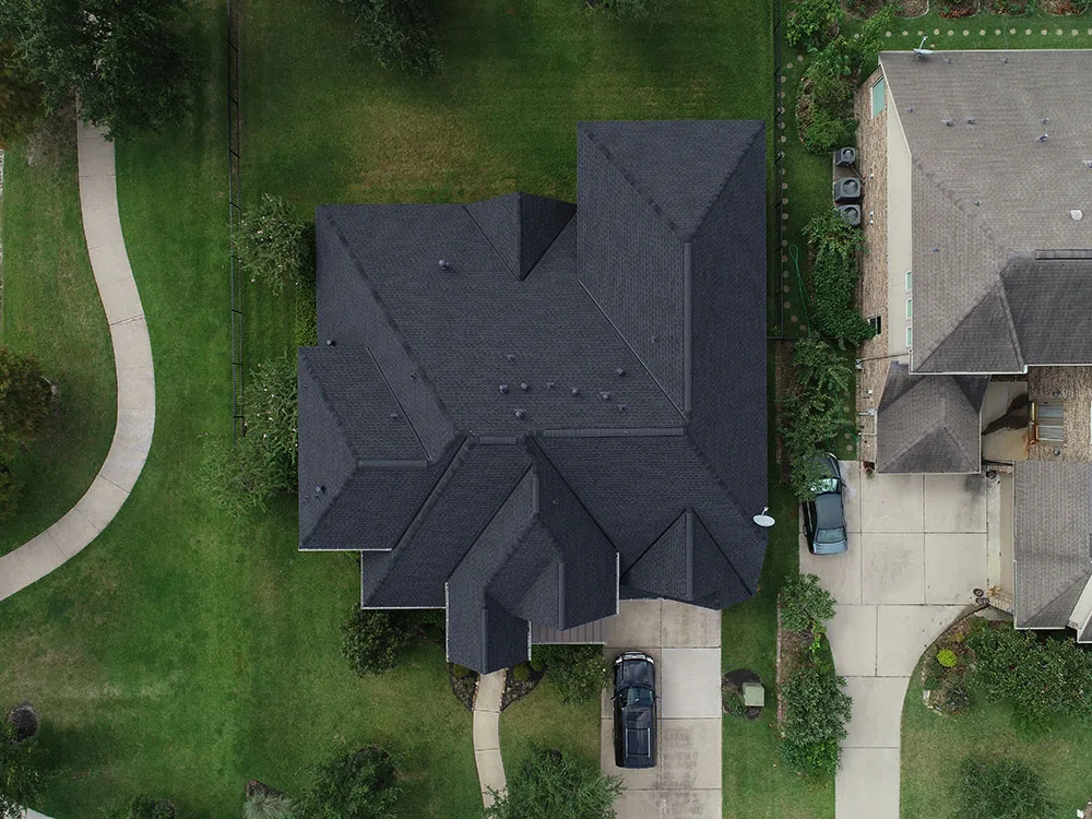 Aerial view of completed roof replacement — Houston area